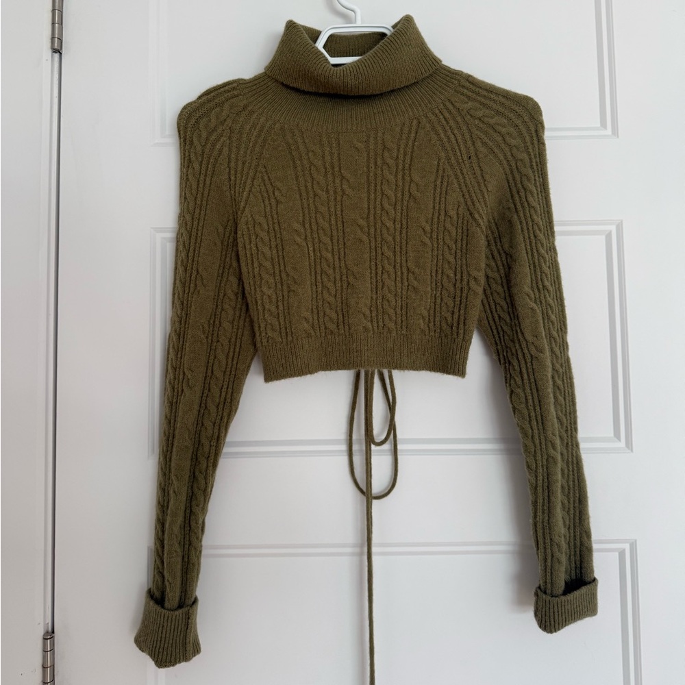 Olive Green Cropped Turtleneck Sweater XS with Lace-Up Back CIDER